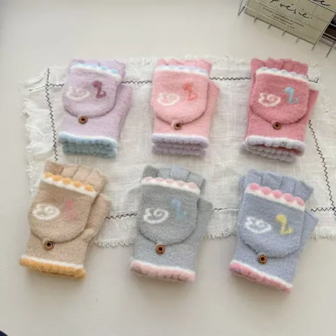Dames Winter Warm Pluche Halve Vinger Flip Handschoenen Schattige Muzieknoot Knop Gebreide Wanten