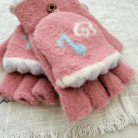 Dames Winter Warm Pluche Halve Vinger Flip Handschoenen Schattige Muzieknoot Knop Gebreide Wanten