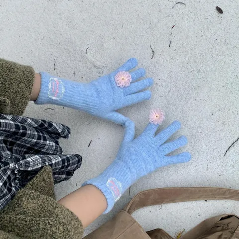 Gants Tricotés d'Hiver pour Femmes Chauds Écran Tactile Couleur Unie Dentelle Fleur Gants à Doigts pour Extérieur Quotidien