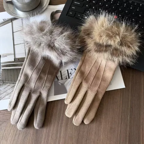 Dames Winter Warme Touchscreen Handschoenen Voering Neppbont Manchet Drie Ribben Winddicht Fietsen Wantten