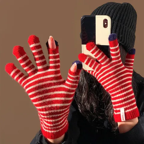 Retro Gestreifte Wollen Mix Lange Handschoenen Vrouwen Herfst Winter Dikke Warme Touchscreen Vijf Vingers Handschoenen