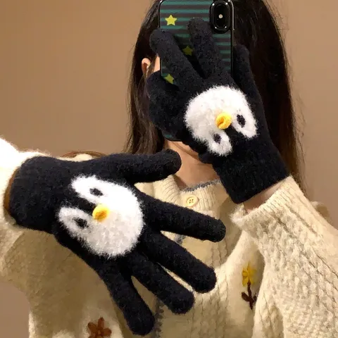 Dames Winter Thermische Touchscreen Handschoenen Leuke Cartoon Pinguïn Pluche Gebreide Handschoenen Outdoor Fietsen Wanten