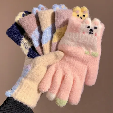 Schattig Puppy Patroon Pluche Gebreide Handschoenen Vrouwen Winter Warm Touchscreen Wantten