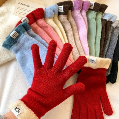 Winter Women Alpaca Wool Knitted Gloves Color Block Splicing Touch Screen Warm Cold Proof Thermal Mittens Daily Wear