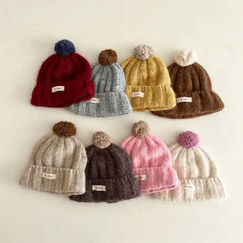 Bonnet en Tricot pour Enfants Laine d'Alpaga Mignon Pompon Bord Roulé Bonnet d'Hiver Chaud pour Tout-Petits Garçons Filles Décontracté Quotidien