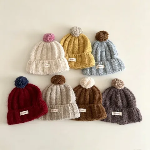 Bonnet en Tricot pour Enfants Laine d'Alpaga Mignon Pompon Bord Roulé Bonnet d'Hiver Chaud pour Tout-Petits Garçons Filles Décontracté Quotidien