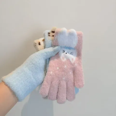 Dames Winter Warm Gebreide Touchscreen Handschoenen Schattige Kat Jacquard Fleece Voering Verdikte Outdoor Fietsen Wanten