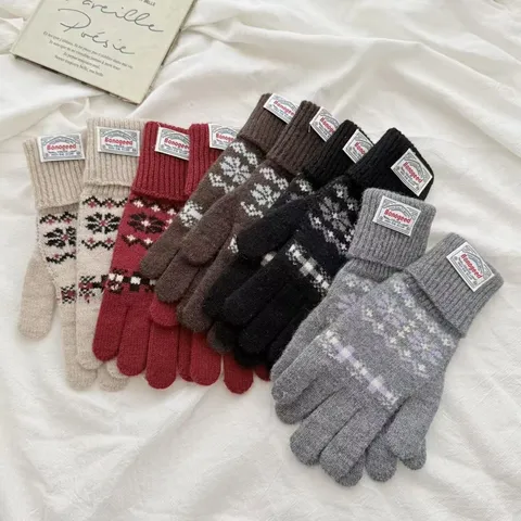 Dames Winter Warm Gebreide Handschoenen Retro Kerstsneeuwvlok Patroon Touchscreen Wollen Mix Thermische Wanten