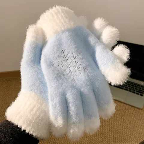 Dames Winter Warme Pluche Gebreide Handschoenen Schattige Sneeuwvlok Strass Vijf-Vinger Koudebestendige Fietshandschoenen