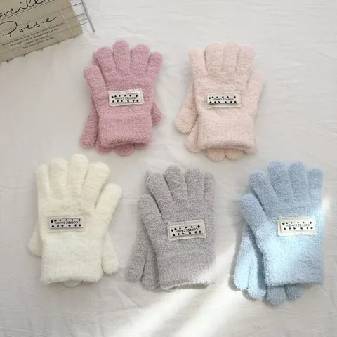 Kids Coral Fleece Knitted Gloves Candy Color Solid Patchwork Warm Full Finger Mittens For Children Winter Outdoor Accessories