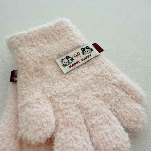 Gants en Tricot de Velours de Corail Chauds pour Enfants Automne Hiver Moufles Avec Écusson de Chat Mignon Style Ins Coréen Enfants