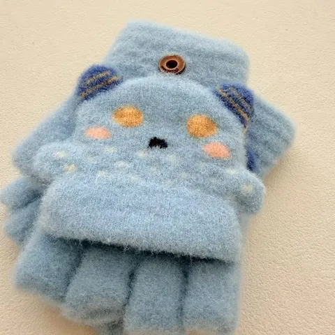 Gants à Demi-Doigts Tricotés pour Enfants Avec Rabat Ours en Peluche Hiver Chaud Moufles Thermiques pour Garçons Filles Étudiants