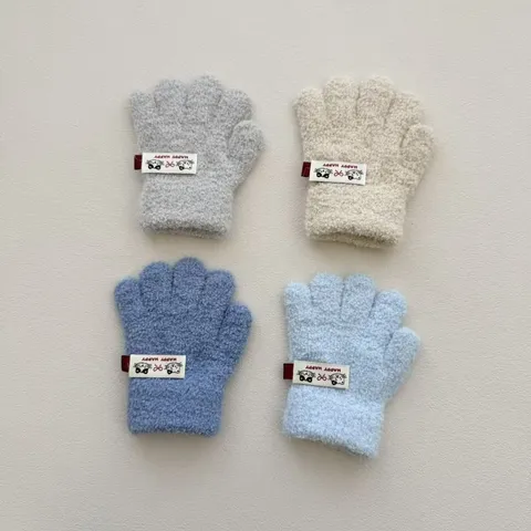 Gants en Tricot de Velours de Corail Chauds pour Enfants Automne Hiver Moufles Avec Écusson de Chat Mignon Style Ins Coréen Enfants