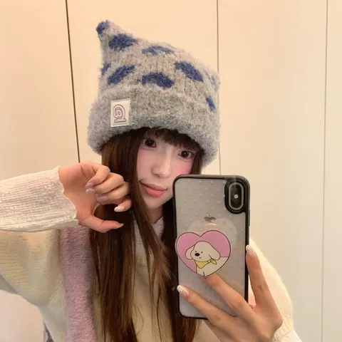 Süße Kontrast Polka Dot Plüsch Katzenohr Strickmütze Beanie Für Damen Herren Winter Warm Jacquard Häkelmütze Kopfbedeckung
