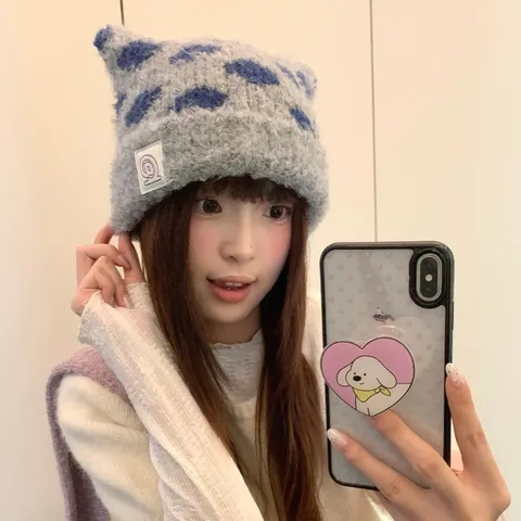 Süße Kontrast Polka Dot Plüsch Katzenohr Strickmütze Beanie Für Damen Herren Winter Warm Jacquard Häkelmütze Kopfbedeckung