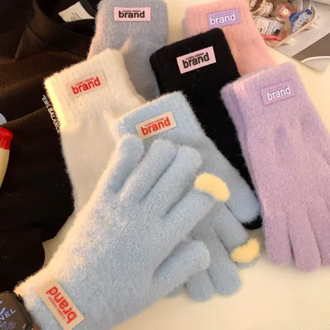 Mignons Gants en Maille Peluche Chauds d'Hiver Pour Femmes Gants à Écran Tactile Thermiques Épais Couleur Unie Motif de Cœur Pour Cyclisme en Plein Air Accessoires