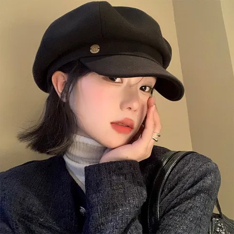 Béret Vintage Style Britannique pour Femmes Automne Hiver Chapeau Octogonal Polyvalent Casquette Gavroche en Laine Couleur Unie Élégant