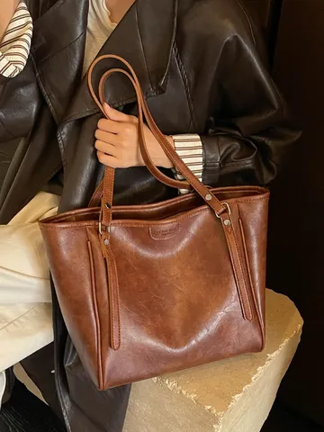 Koreaanse Stijl Olie Was PU Leer Tote Bag Grote Capaciteit Casual Schoudertas Voor Vrouwen Vintage Onderarm Handtas Voor Woon-werkverkeer