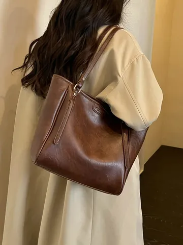 Koreaanse Stijl Olie Was PU Leer Tote Bag Grote Capaciteit Casual Schoudertas Voor Vrouwen Vintage Onderarm Handtas Voor Woon-werkverkeer