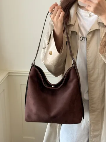 Dames Retro PU Suede Textuur Draagtas Grote Capaciteit Casual Schoudertas Koreaanse Stijl Forenzen Crossbodytas Minimalistische Effen Kleur Handtas