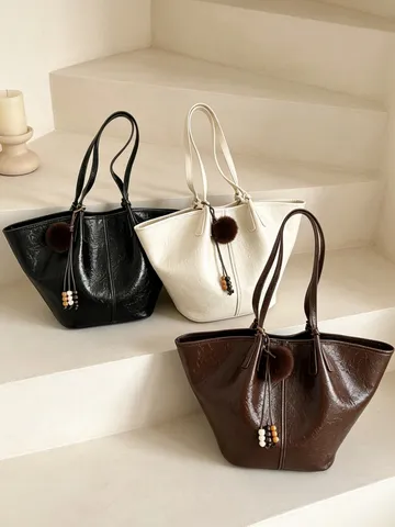 Vintage Olie-Was PU Lederen Tote Bag Voor Vrouwen Grote Capaciteit Schoudertas Mode Oksel Casual Bucket Bag Met Bedeltje
