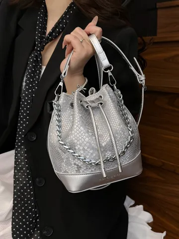 Vintage PU Leer Slangenpatroon Emmer Tas Met Koordsluiting Voor Vrouwen Retro Ketting Schouder Crossbody Tas Handtas