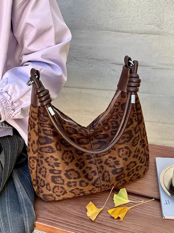 Dames Tote Tas met Luipaardprint Suède Look Grote Capaciteit Onderarm Tas Elegant Urban Minimalistisch Schoudertas