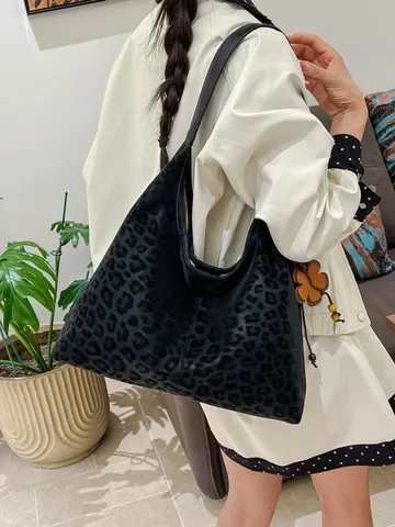 Dames Grote Capaciteit Luipaardprint Schoudertas Vintage PU Leer Tote Bag Casual Kantoor Pendelen Okseltas Met Hanger