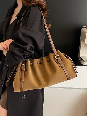 Retro Trekkoord Geplooide Schoudertas Voor Dames 2026 Herfst Trendy PU Lederen Tote Bag Onderarmtas Grote Capaciteit Handtas
