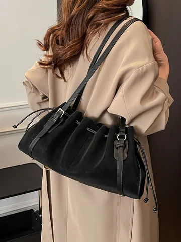 Retro Trekkoord Geplooide Schoudertas Voor Dames 2026 Herfst Trendy PU Lederen Tote Bag Onderarmtas Grote Capaciteit Handtas