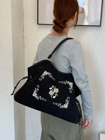 Vintage Suède Borduurwerk Tote Tas Voor Vrouwen Grote Capaciteit Schoudertas Koreaanse Stijl Bloemen Muzieknoot Woon-werkverkeer Okseltas
