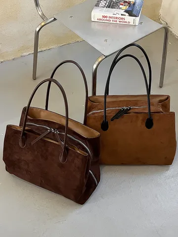 Vintage Grote Capaciteit Suède Draagtas Voor Dames Retro Zachte Casual Schoudertas Stedelijke Eenvoudige Forens Okseltas Met Rits