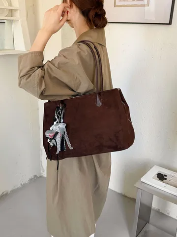 Vintage Grote Capaciteit Suède Draagtas Voor Dames Retro Zachte Casual Schoudertas Stedelijke Eenvoudige Forens Okseltas Met Rits