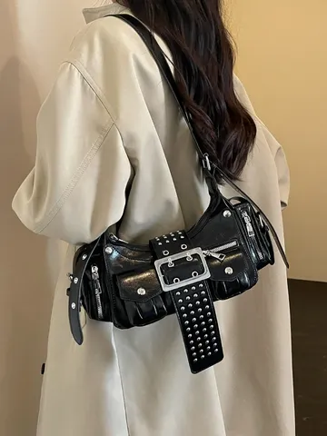 Dames Cyberpunk Motor Onderarm Tas Glanzend PU Leer Klinknagels Riem Gesp Meerdere Zakken Punk Stijl Schoudertas