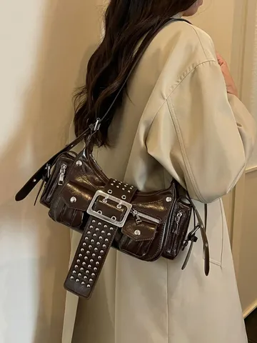 Dames Cyberpunk Motor Onderarm Tas Glanzend PU Leer Klinknagels Riem Gesp Meerdere Zakken Punk Stijl Schoudertas