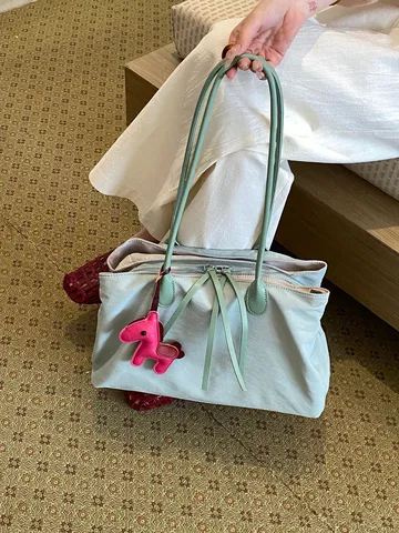 Koreaanse Stijl Kleurblok Grote Tote Bag voor Dames Meerdere Compartimenten Canvas Schoudertas met Paardenhanger Casual Handtas