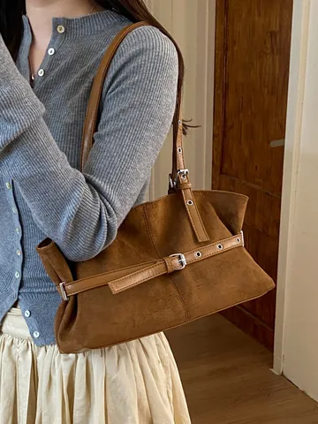 Dames Vintage Suède PU Leer Schoudertas Grote Capaciteit Tote Oksel Commuter Bag Retro Effen Kleur Casual Handtas