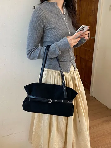 Dames Vintage Suède PU Leer Schoudertas Grote Capaciteit Tote Oksel Commuter Bag Retro Effen Kleur Casual Handtas