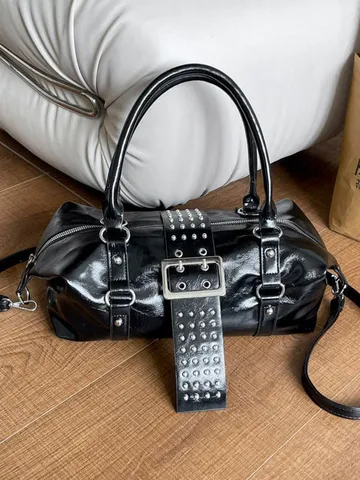 Dames Retro Y2K Boston Tas PU Leer Klinknagel Motorfiets Schoudertas Crossbody Tas Mode Streetwear Handtas Voor Dagelijks Gebruik