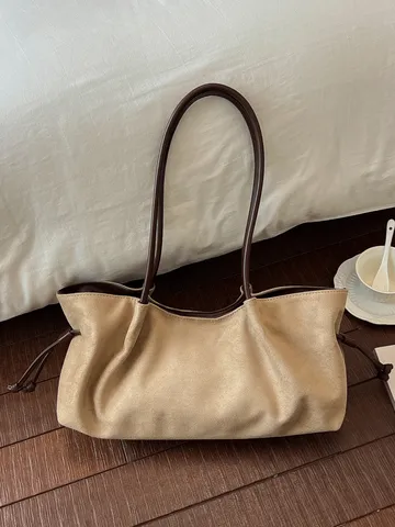 Koreaanse Minimalistische Suède Stof Draagtas Grote Capaciteit Retro Trekkoord Oksel Schoudertas Voor Vrouwen Casual Dagelijks Woon-werkverkeer Handtas