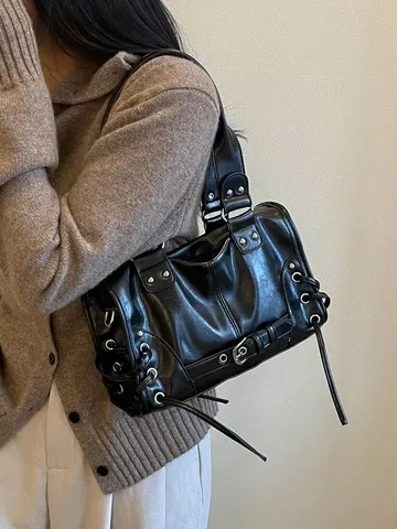 Dames Retro PU Leer Boston Tas Niche Motorfiets Handtas Koreaanse Mode Effen Kleur Klinknagel Schouder Crossbody Tas Voor Dagelijks Gebruik
