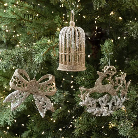 Champagne Gold Glitter Christmas Tree Hanging Ornaments Star Bow Reindeer Unicorn Merry Christmas Letter Plate Hollow Out PC Plastic Holiday Party Decoration Pendant