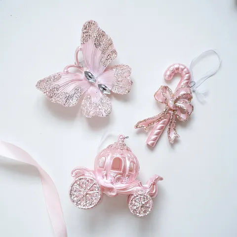 Pink Glitter Christmas Ornaments Girly Fairy Tale Hanging Tree Decoration Snowflake Butterfly House Star Unicorn Pendant Festive Party Supplies