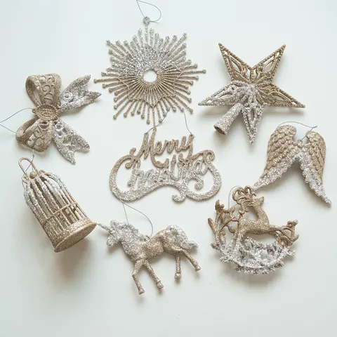 Champagne Gold Glitter Christmas Tree Hanging Ornaments Star Bow Reindeer Unicorn Merry Christmas Letter Plate Hollow Out PC Plastic Holiday Party Decoration Pendant