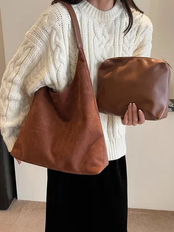 Dames Grote Capaciteit Retro Suède Tote Tas Minimalistisch Casual Schoudertas Hobo Met Bijpassende Portemonnee Voor Dagelijks Gebruik