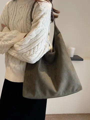 Dames Grote Capaciteit Retro Suède Tote Tas Minimalistisch Casual Schoudertas Hobo Met Bijpassende Portemonnee Voor Dagelijks Gebruik