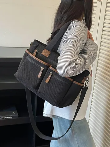Dames Fluweel Multi-Pocket Tote Tas Grote Capaciteit Casual Schoudertas Crossbody Tas Voor School Dagelijks Winkelen Reizen Handtas