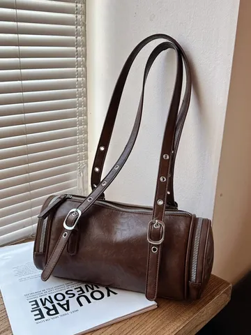 Retro Moto Stijl PU Leer Cilinder Tas Dames Europees-Amerikaanse Niche Onderarm Schoudertas Boston Tas Met Sterhanger