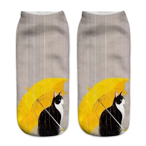 Calzini Corti Unisex con Stampa Gatto Cartoon 3D Poliestere Traspirante Casual Calzini alla Caviglia per Uomo e Donna