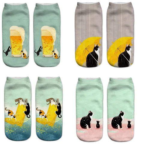 Calzini Corti Unisex con Stampa Gatto Cartoon 3D Poliestere Traspirante Casual Calzini alla Caviglia per Uomo e Donna